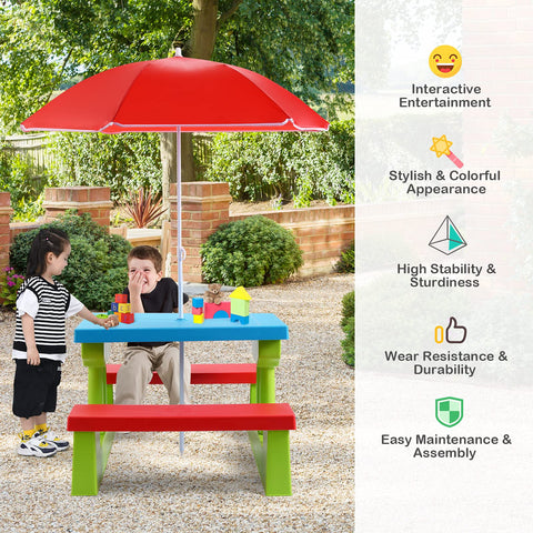 Costzon Kids Picnic Table umbrella-mounted view, offering shade during outdoor use.