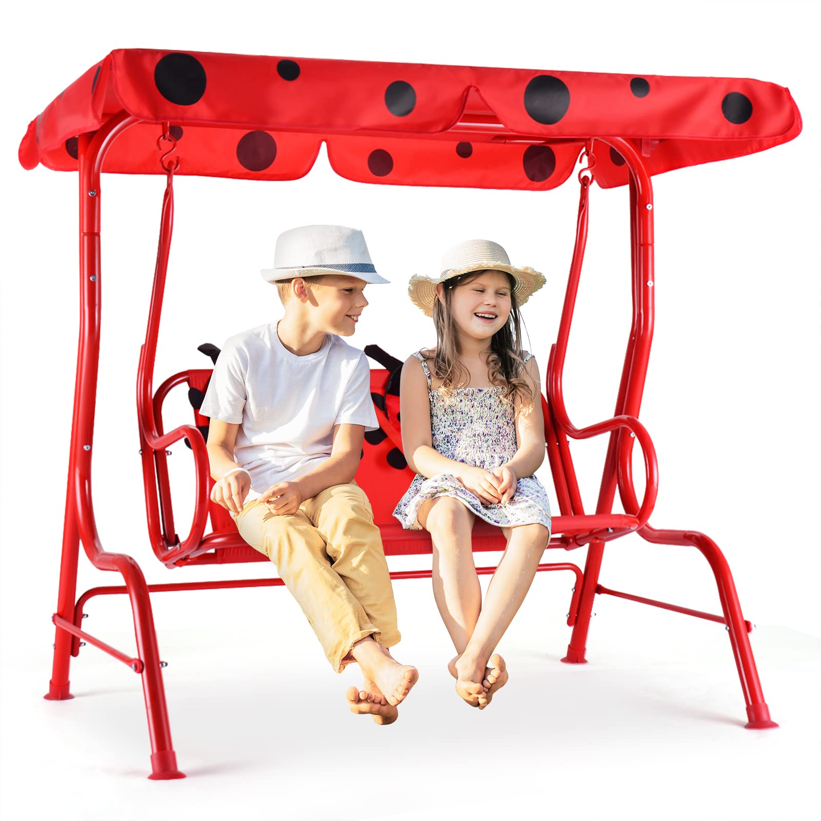 Costzon Kids Porch Swing in red ladybug pattern for outdoor fun.