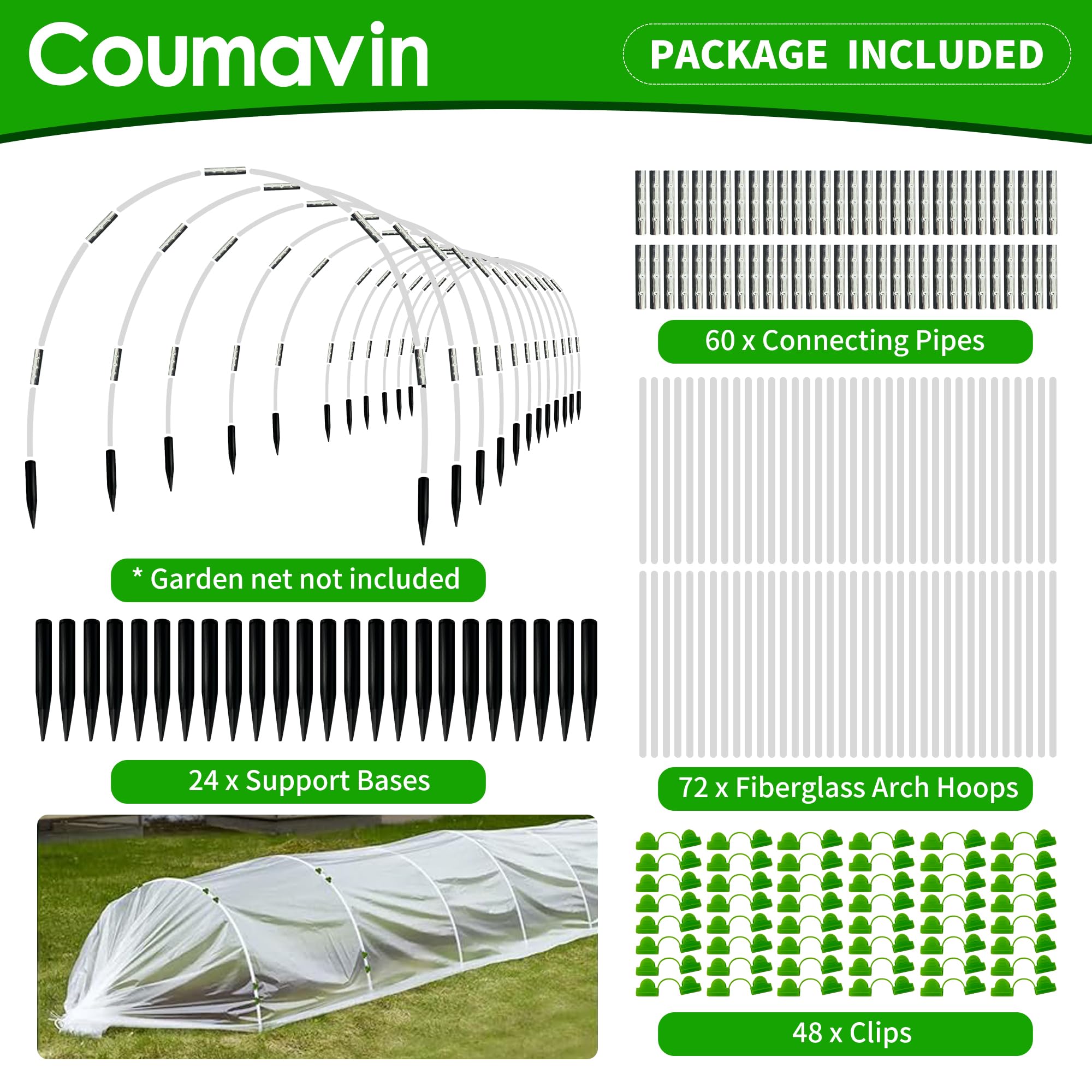 Coumavin 72-piece kit components layout highlighting complete grow tunnel system.