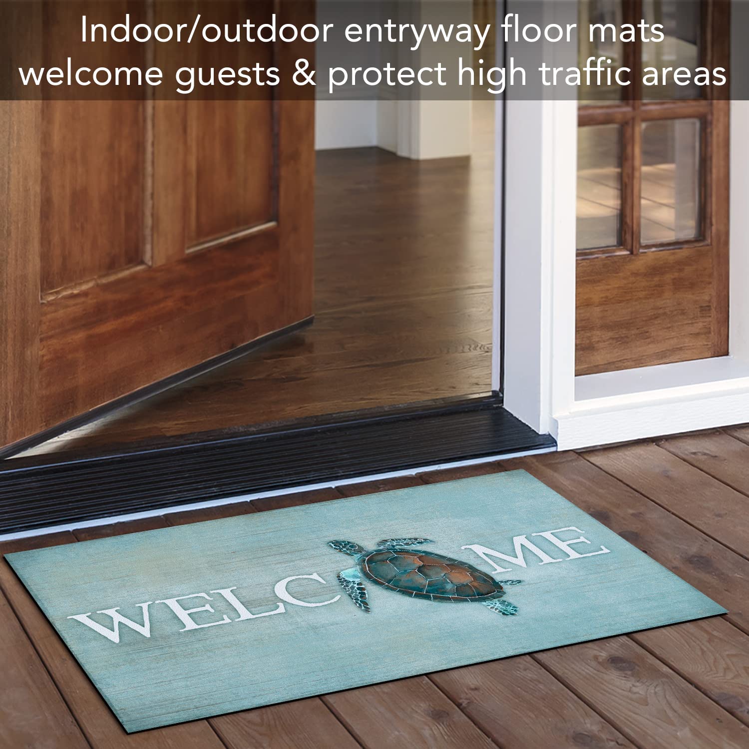 CounterArt Sea Turtle Welcome Mat low-profile edge reduces trip hazards in busy entryways