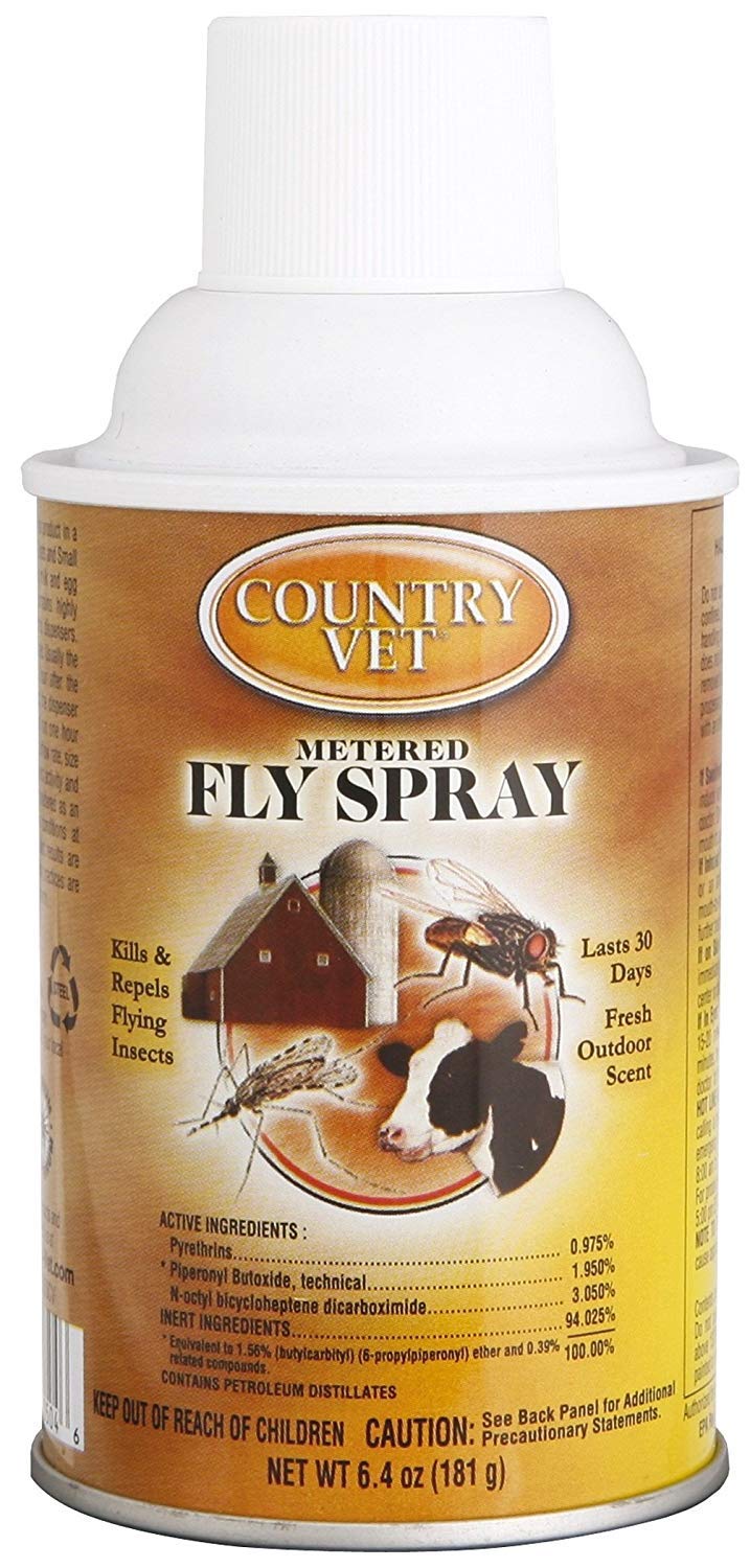 Country Vet fly spray designed for automatic dispensing in multiple spaces.