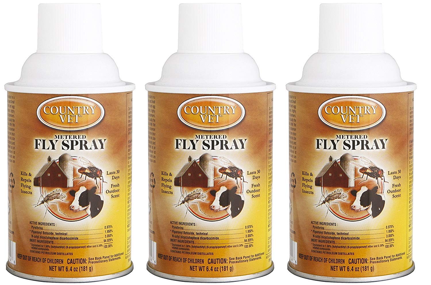 Country Vet fly spray pack in a 3-pack for automatic dispensers in barns and homes.