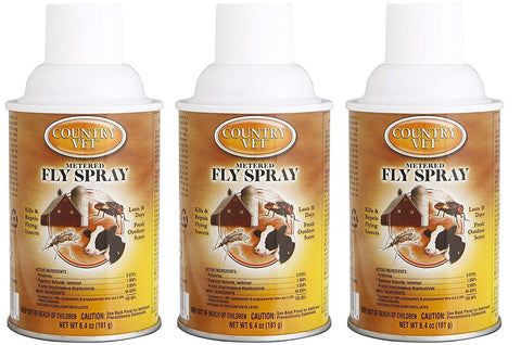 Country Vet fly spray pack in a 3-pack for automatic dispensers in barns and homes.