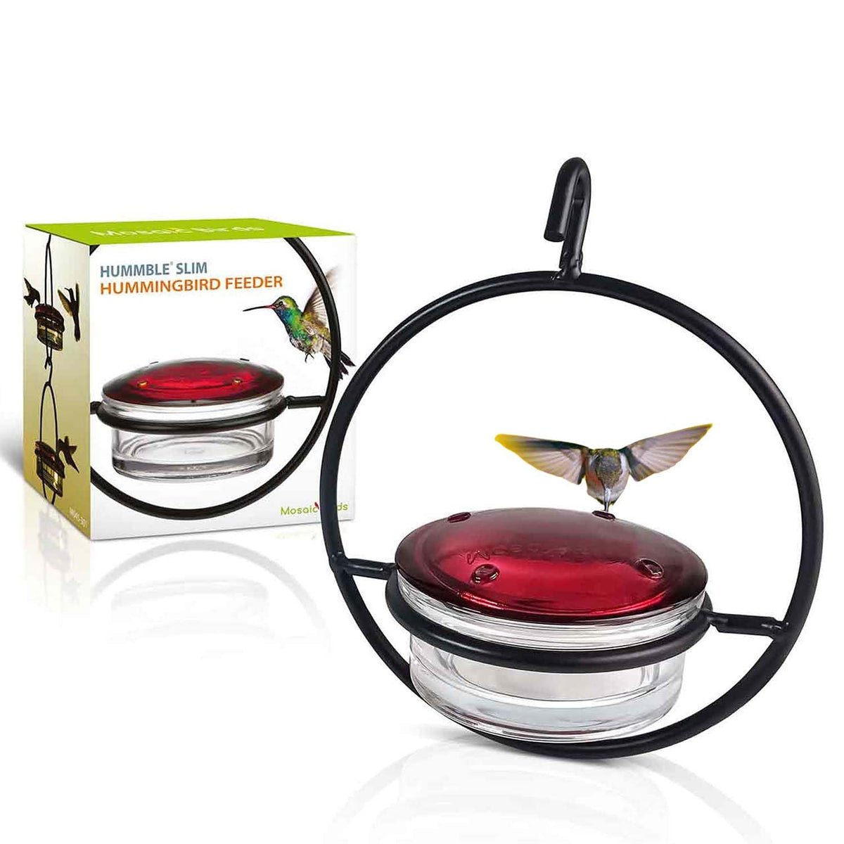 Couronne Co Mosaic Birds Hummble Slim feeder with 3.4 oz capacity in clear glass.