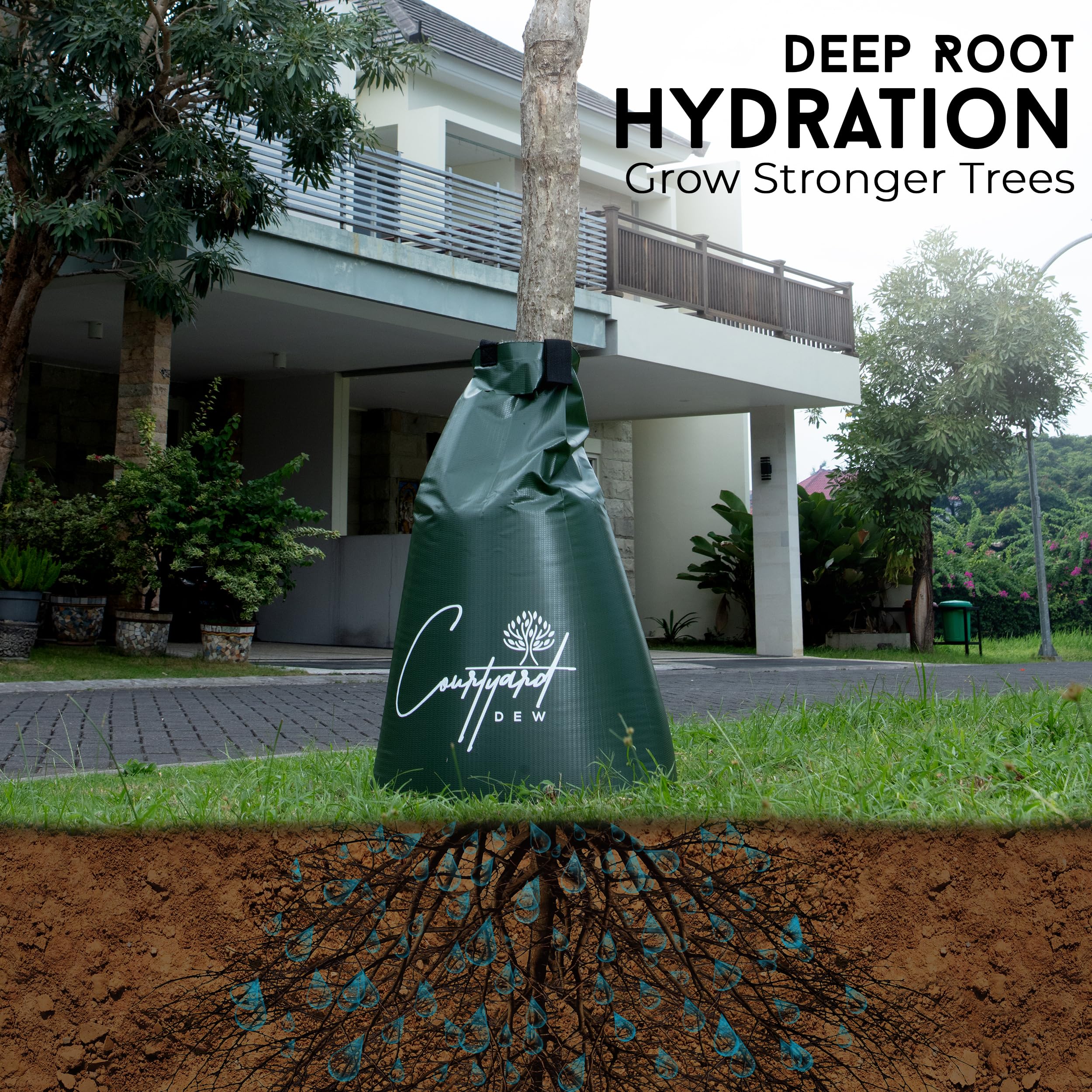 Courtyard Dew refillable bags slowly release water to minimize runoff.