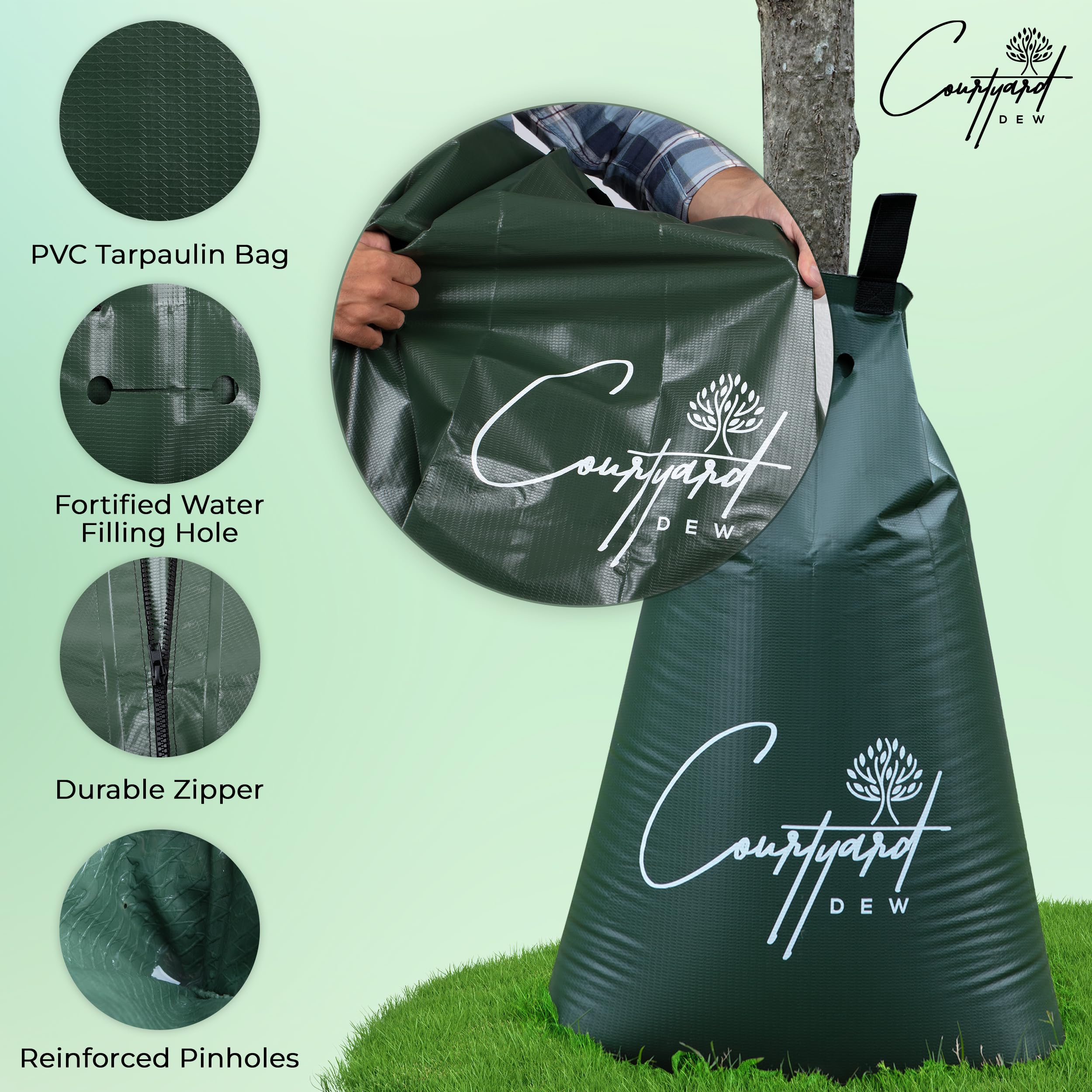 Courtyard Dew 20-gallon capacity supports weekly watering for young trees.