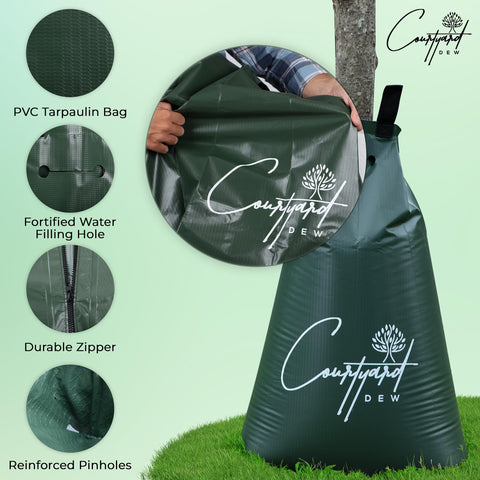 Courtyard Dew 20-gallon capacity supports weekly watering for young trees.