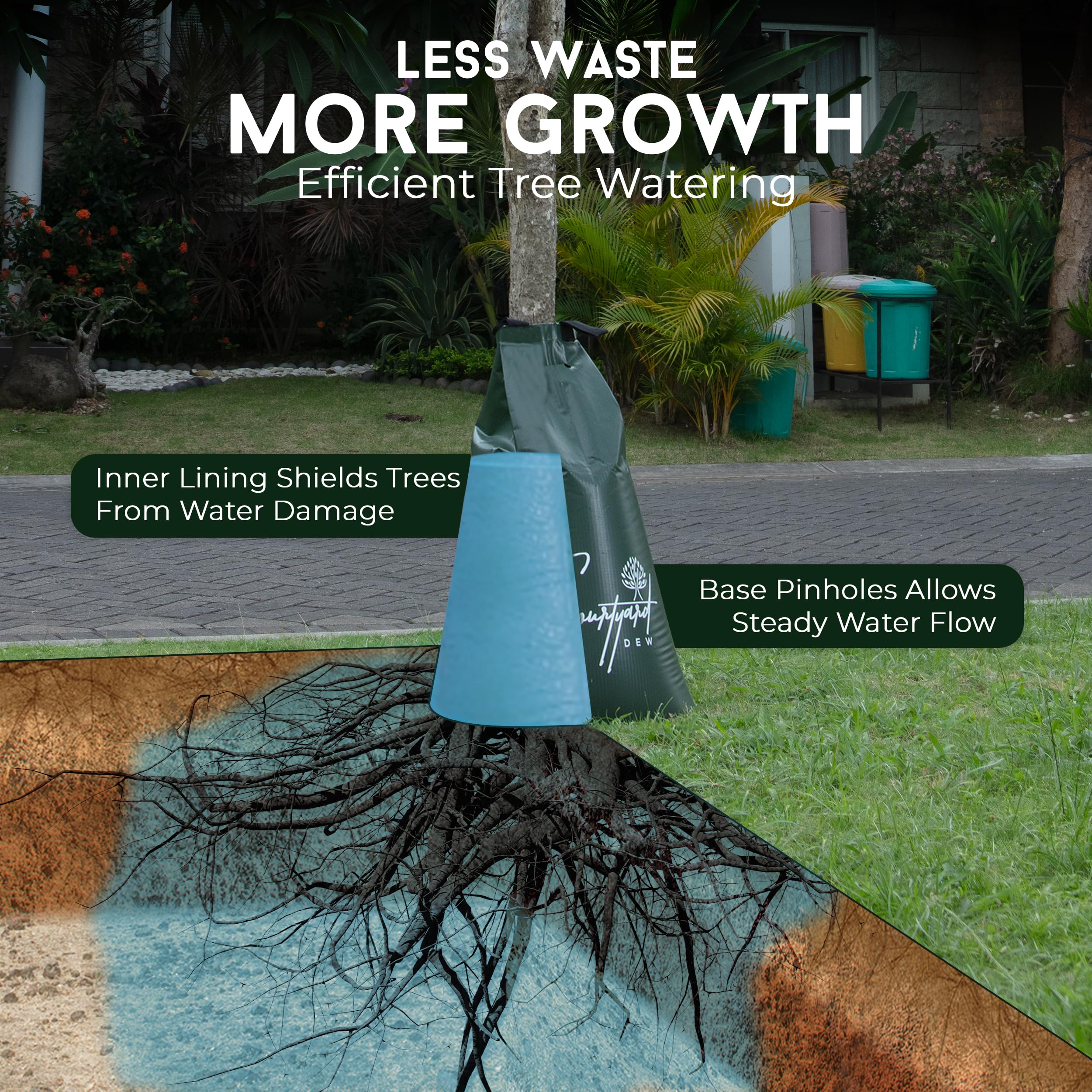 Courtyard Dew tree bag targets deep roots to support drought resilience.