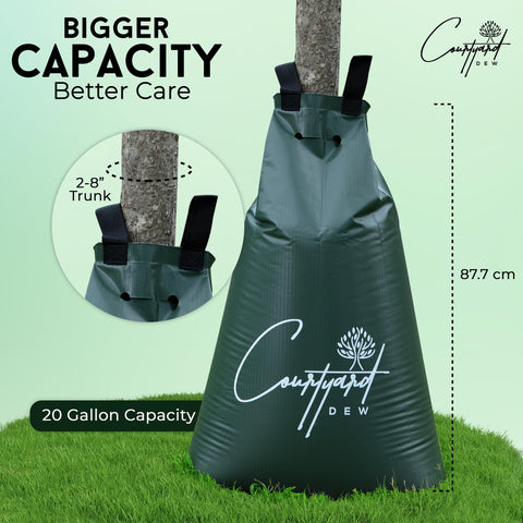 Courtyard Dew 20-gallon bag in use for unattended watering under heat.