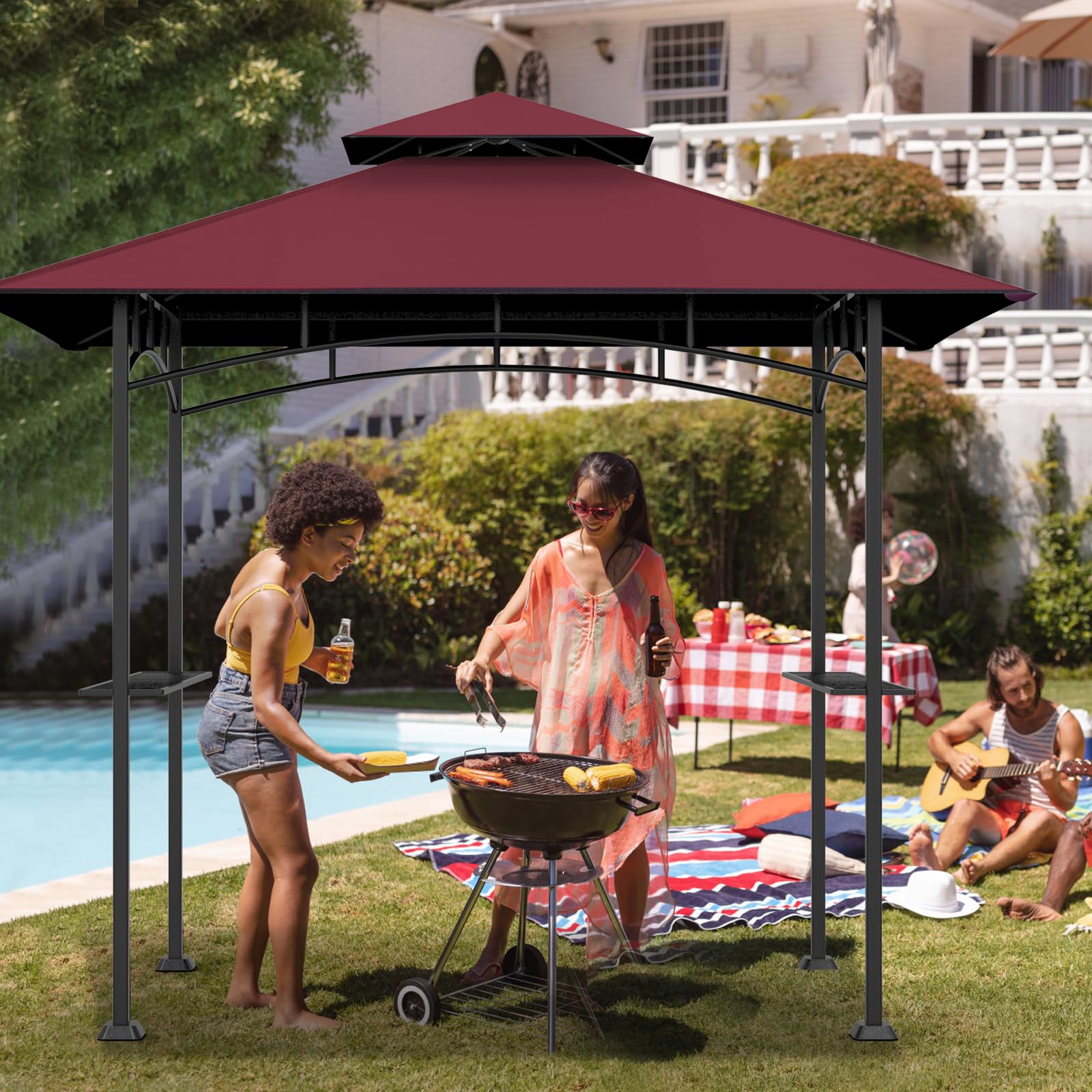 Weather-proof Covboard burgundy canopy provides rain and UV protection for outdoor cooking