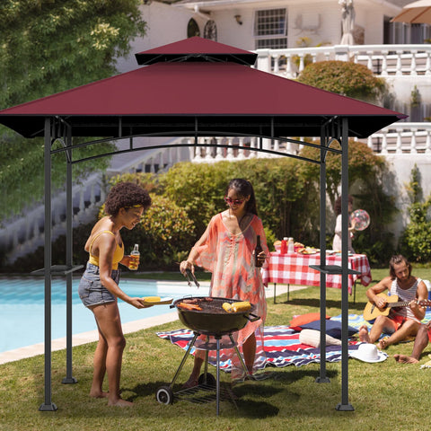 Weather-proof Covboard burgundy canopy provides rain and UV protection for outdoor cooking