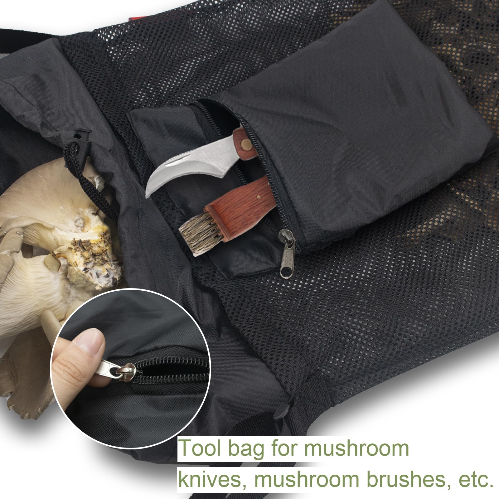 Cover Geny adjustable strap enables comfortable, hands-free foraging on trails.