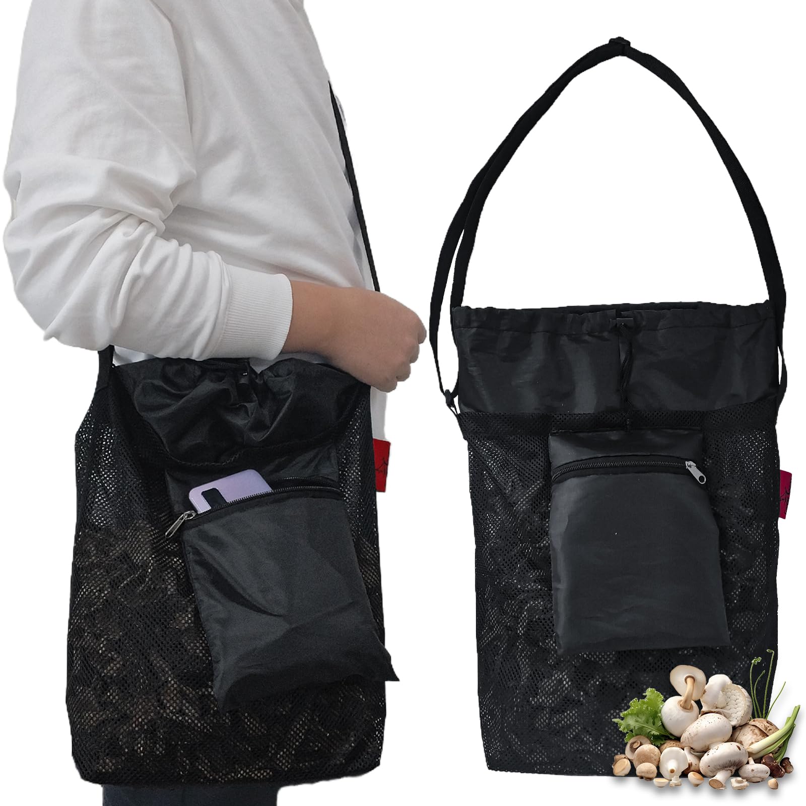 Cover Geny mesh foraging bag with open top for easy mushroom loading.