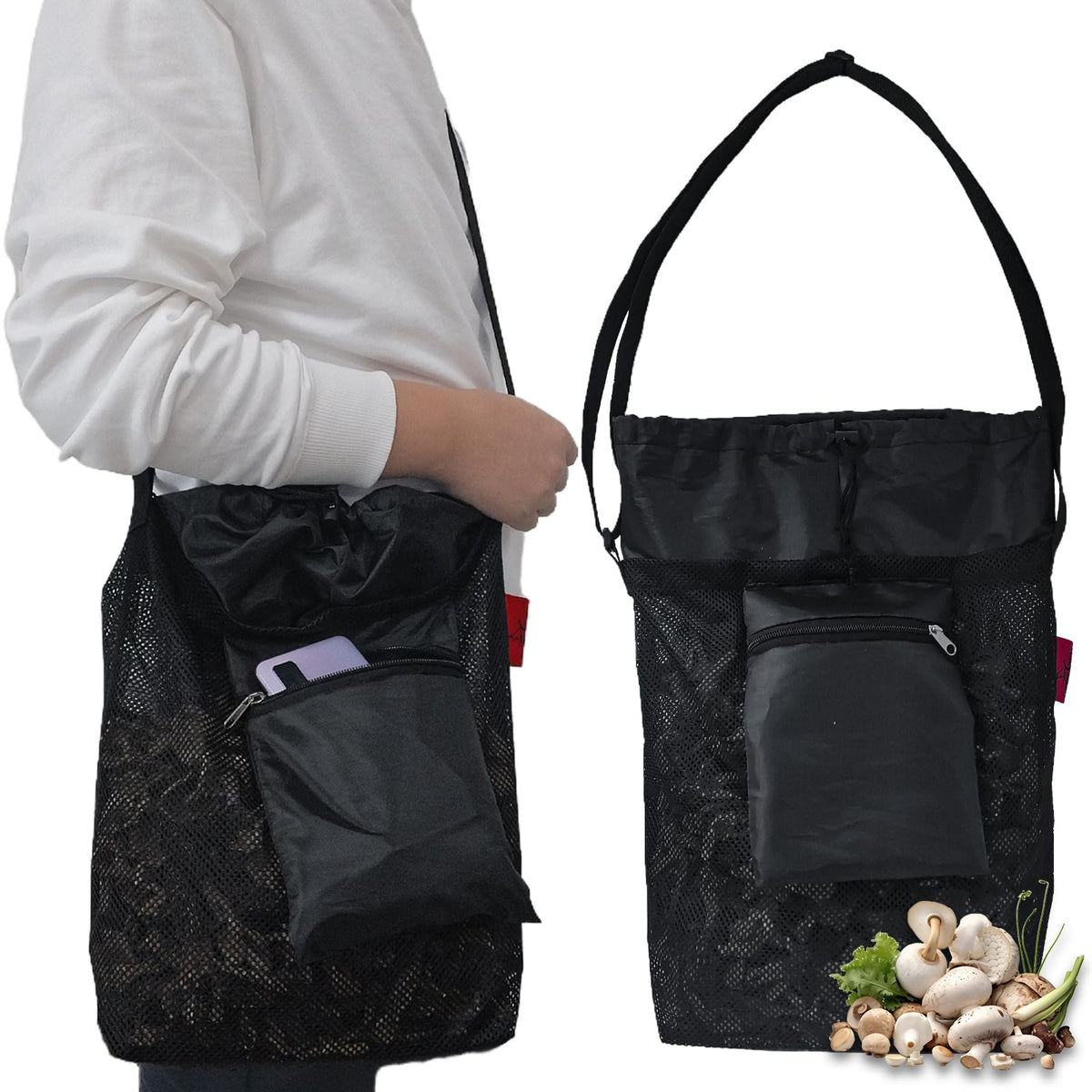 Cover Geny mesh foraging bag with open top for easy mushroom loading.