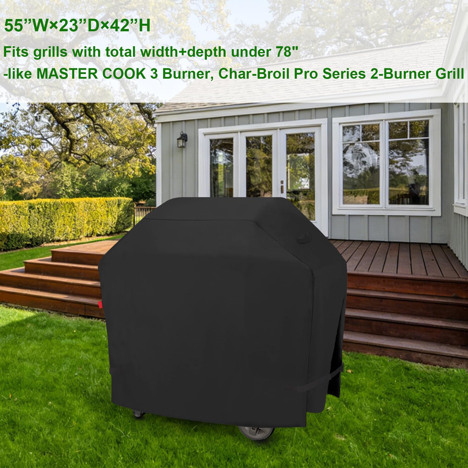 Cover Geny grill cover shields Monument 4-Burner from weather and wind.