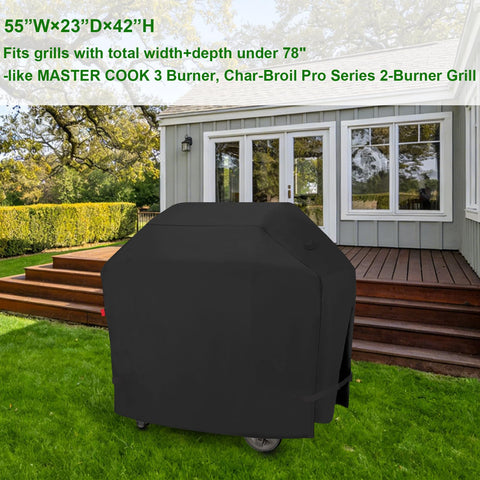 Cover Geny grill cover shields Monument 4-Burner from weather and wind.