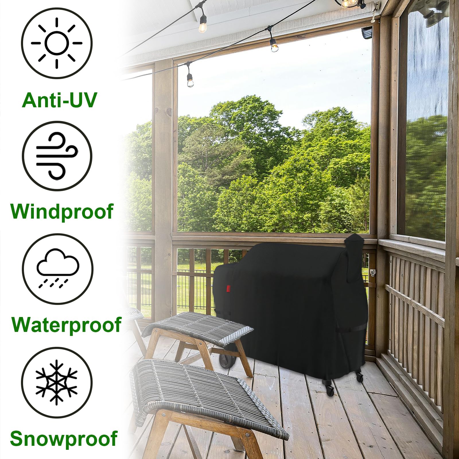 Cover Geny breathable weave reduces moisture buildup around the grill.