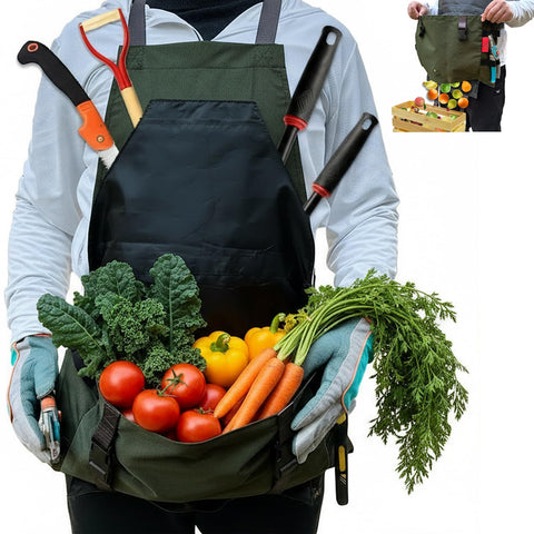 Cover Geny extra gardening apron harvest pocket offers expansive tool storage.