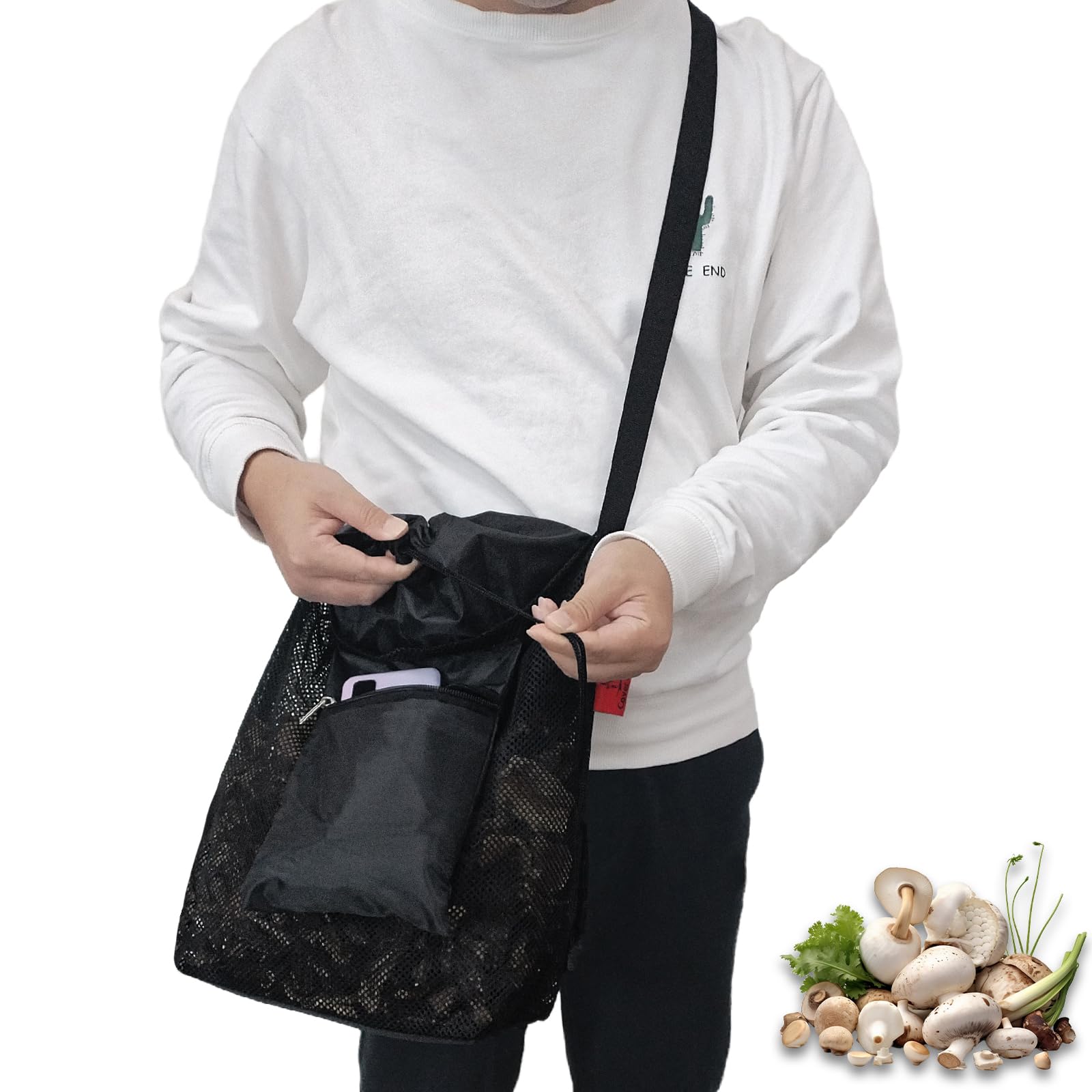 Cover Geny mesh foraging bag with drawstring opening keeps mushrooms secure during harvest.
