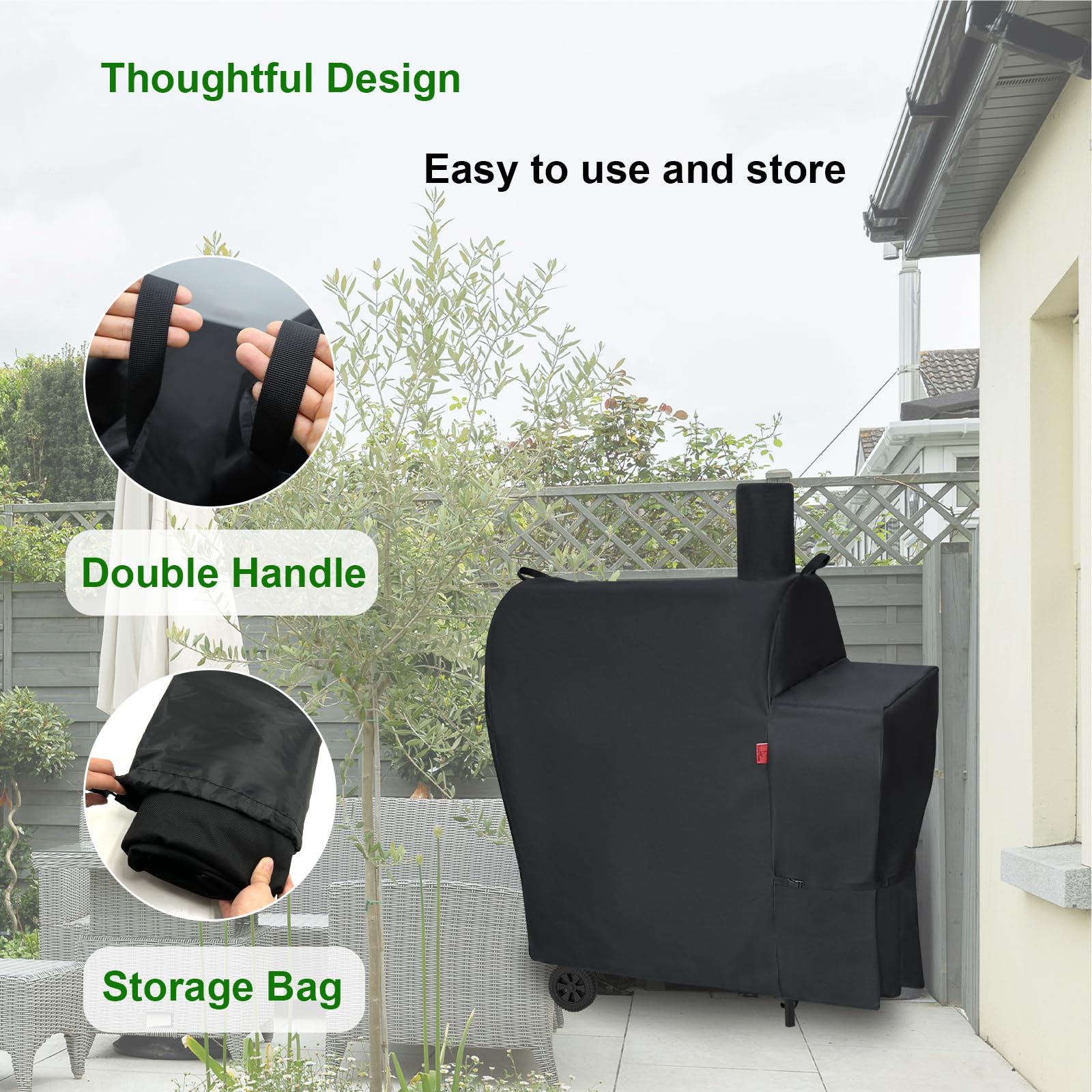Handles and storage bag enable easy fitting and storage