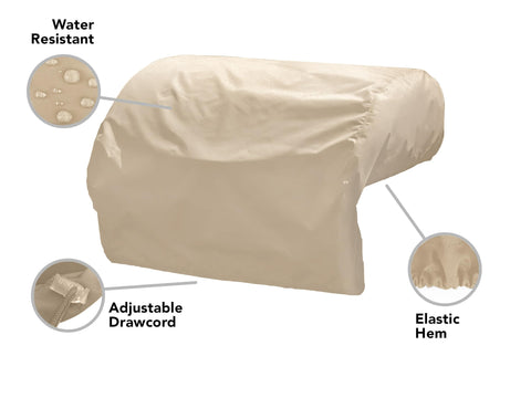 Covermates Classic Built-In Grill Cover material closeup shows 12-gauge vinyl durability.