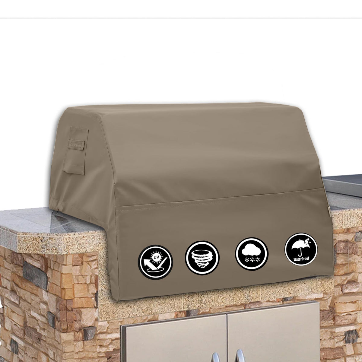 Covers & All built-in grill cover front view in beige showing rugged weatherproof fabric