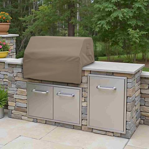 Elastic hem and handles on beige Covers & All grill cover for easy use