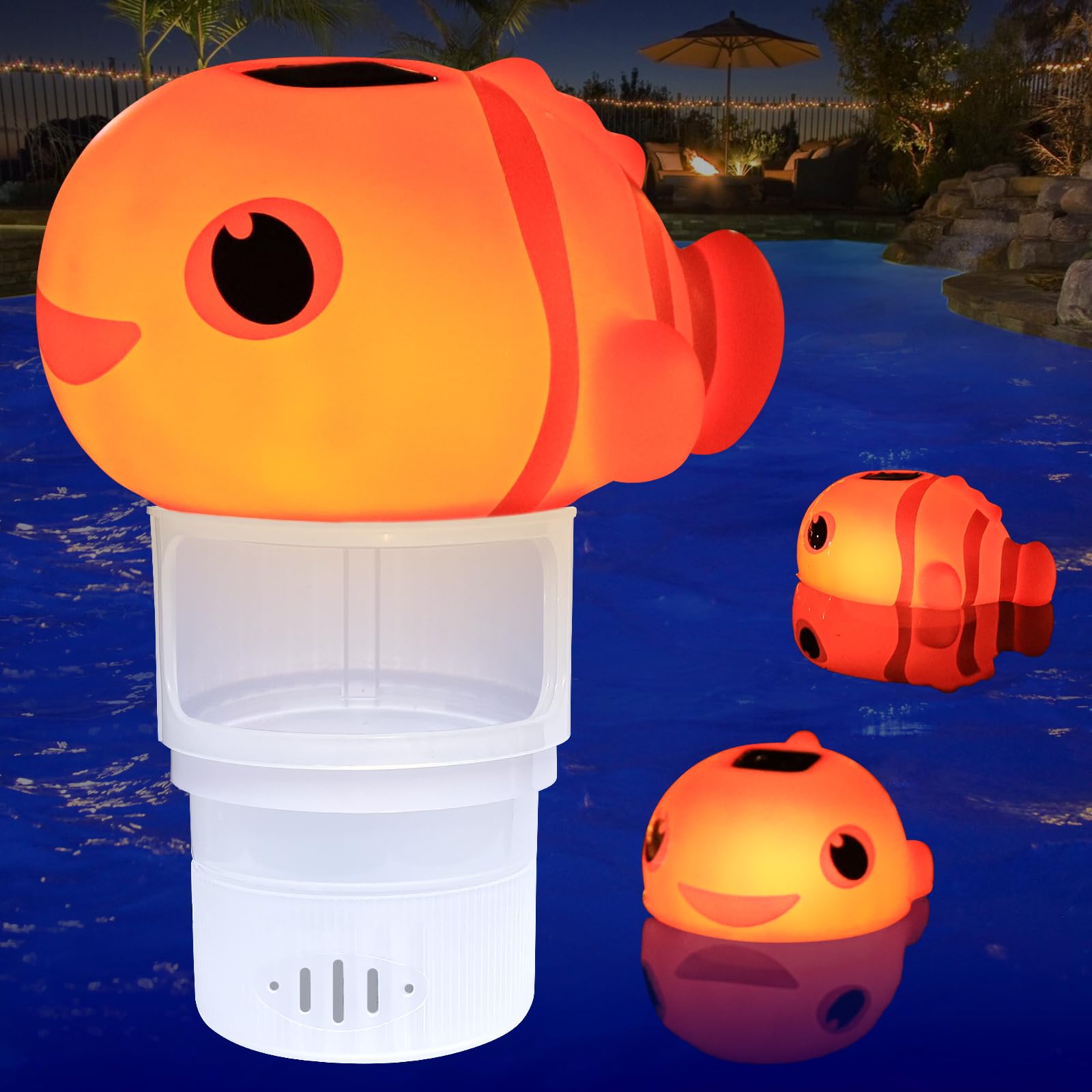 Covfirst pool chlorine floater glowing on water enhances nighttime ambiance while safely dispensing chlorine