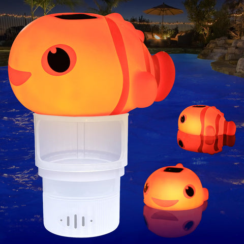 Covfirst pool chlorine floater glowing on water enhances nighttime ambiance while safely dispensing chlorine