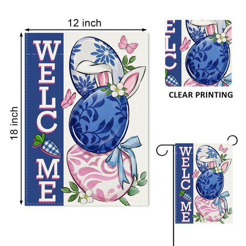 Covido blue and white porcelain yard flag with Easter motifs for outdoor display