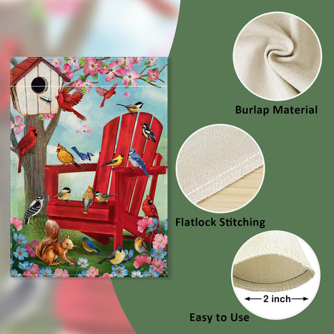 Covido chickadee birdhouse flag highlights chickadee and birdhouse motifs for charming garden scenes