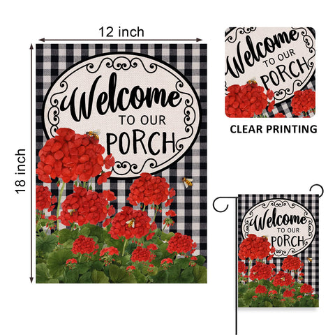 Covido garden flag with red flower and buffalo plaid, double-sided visibility.