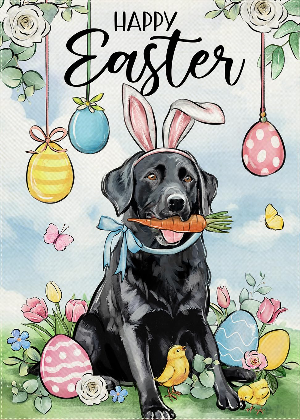 Covido Happy Easter Labrador flag with a black lab and eggs for curb appeal.