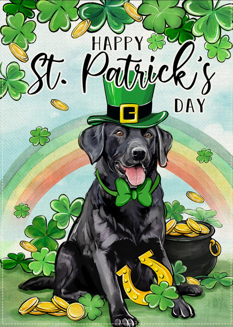 Covido flag featuring a black Labrador with shamrocks for festive outdoor decor
