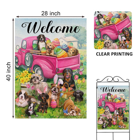 Covido pink truck dog house flag adds festive outdoor decor for greeting guests.