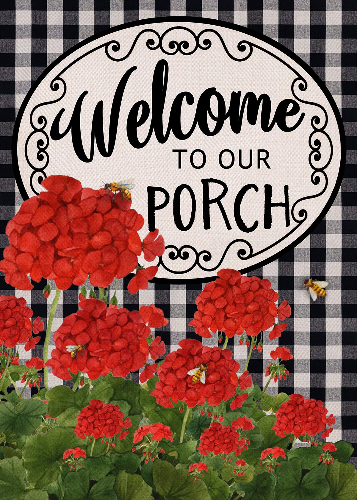 Covido Home porch flag featuring geranium motif for outdoor curb appeal.