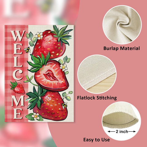 Covido strawberry-pattern flag emphasizes durable polyester burlap construction for year-round use.