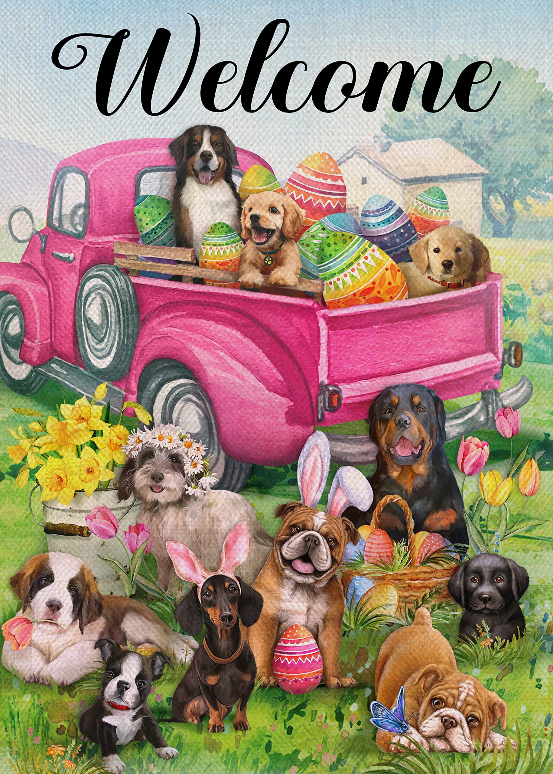Covido welcome Easter eggs pink truck flag showcases cheerful spring vibes for porches and yards.