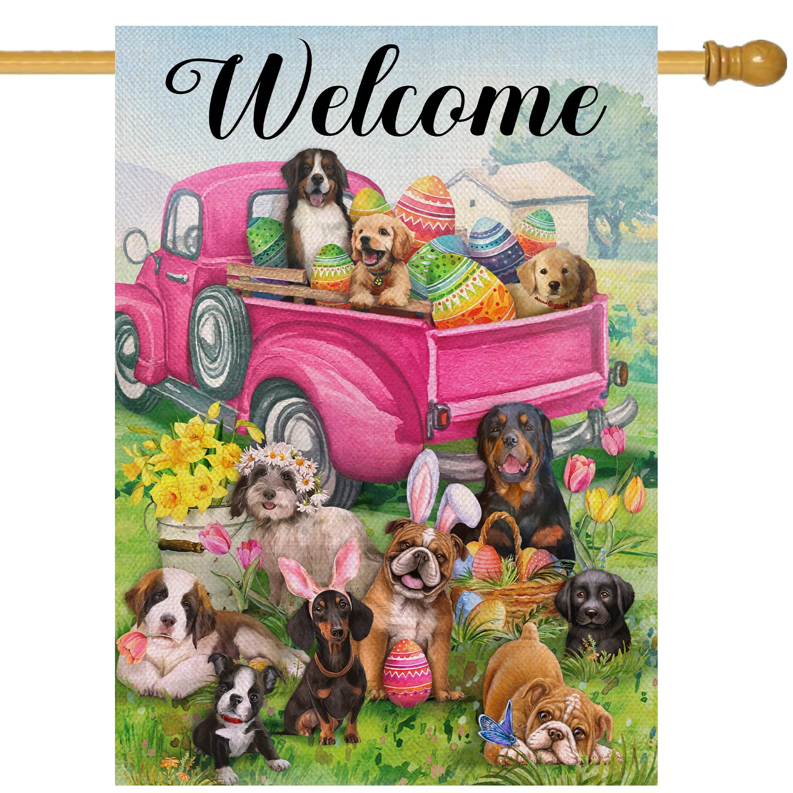 Covido welcome flag with pink Easter eggs and truck boosts spring curb appeal.