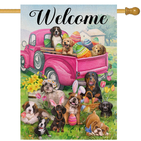 Covido welcome flag with pink Easter eggs and truck boosts spring curb appeal.