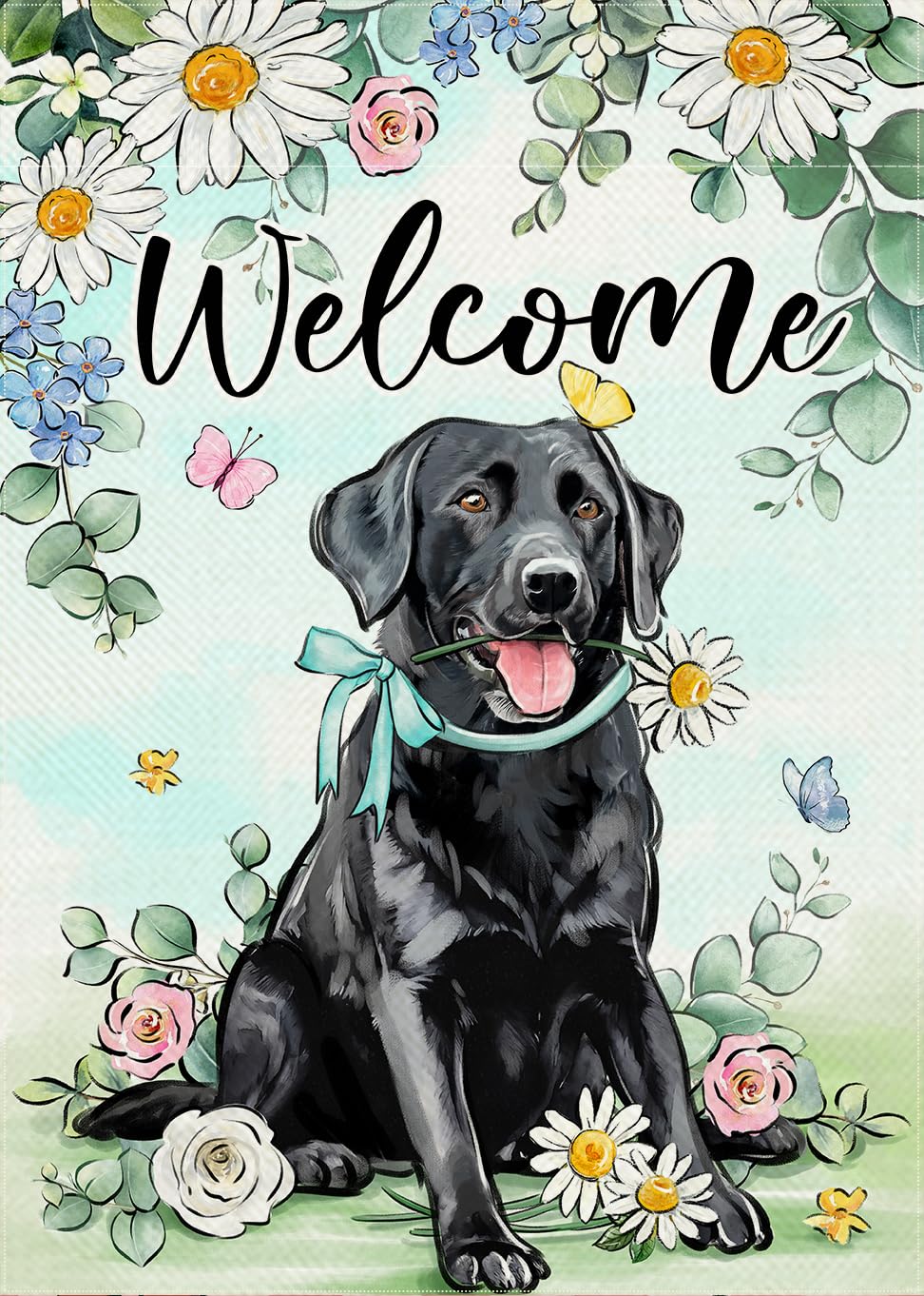 Covido welcome spring flag featuring a black Labrador, daisies, and eucalyptus for vibrant yard charm.