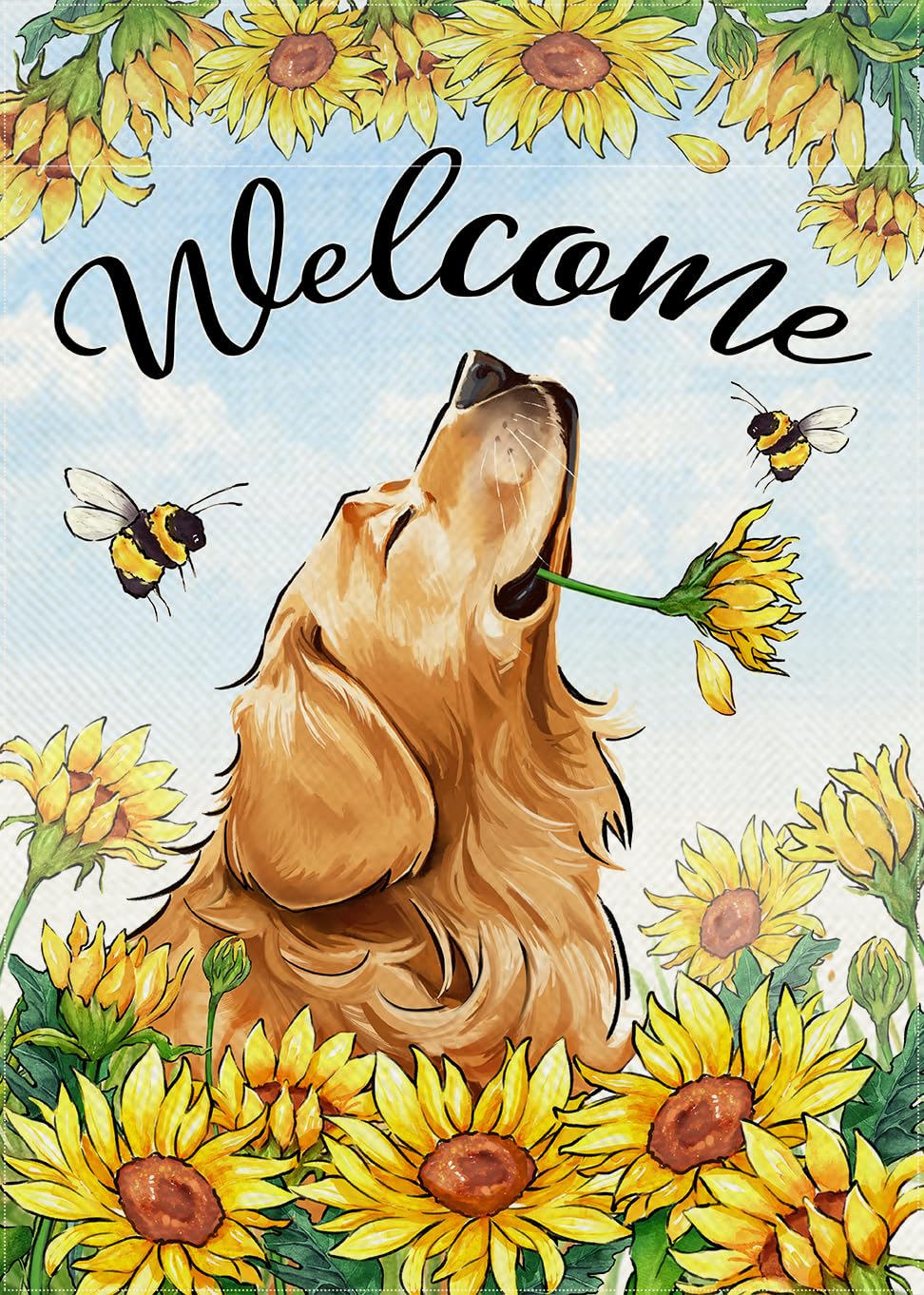 Covido Welcome Spring flag with golden retriever and sunflowers boosts curb appeal.