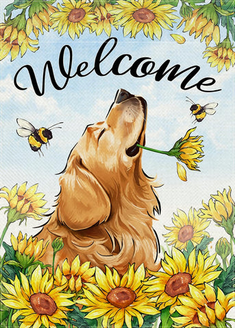 Covido Welcome Spring flag with golden retriever and sunflowers boosts curb appeal.