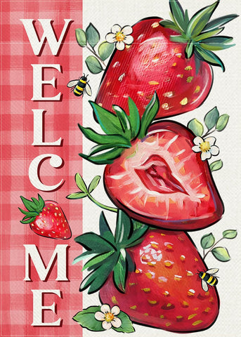 Covido garden flag front view highlights vibrant strawberry pattern for curb appeal.