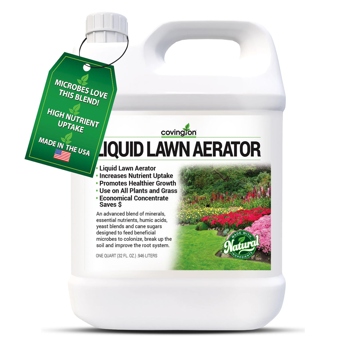 Covington Naturals liquid lawn aerator poured to improve soil aeration and drainage