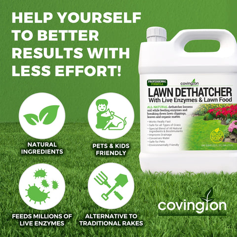Covington Naturals coverage up to 10,000 sq ft with active dethatcher for healthy soil.