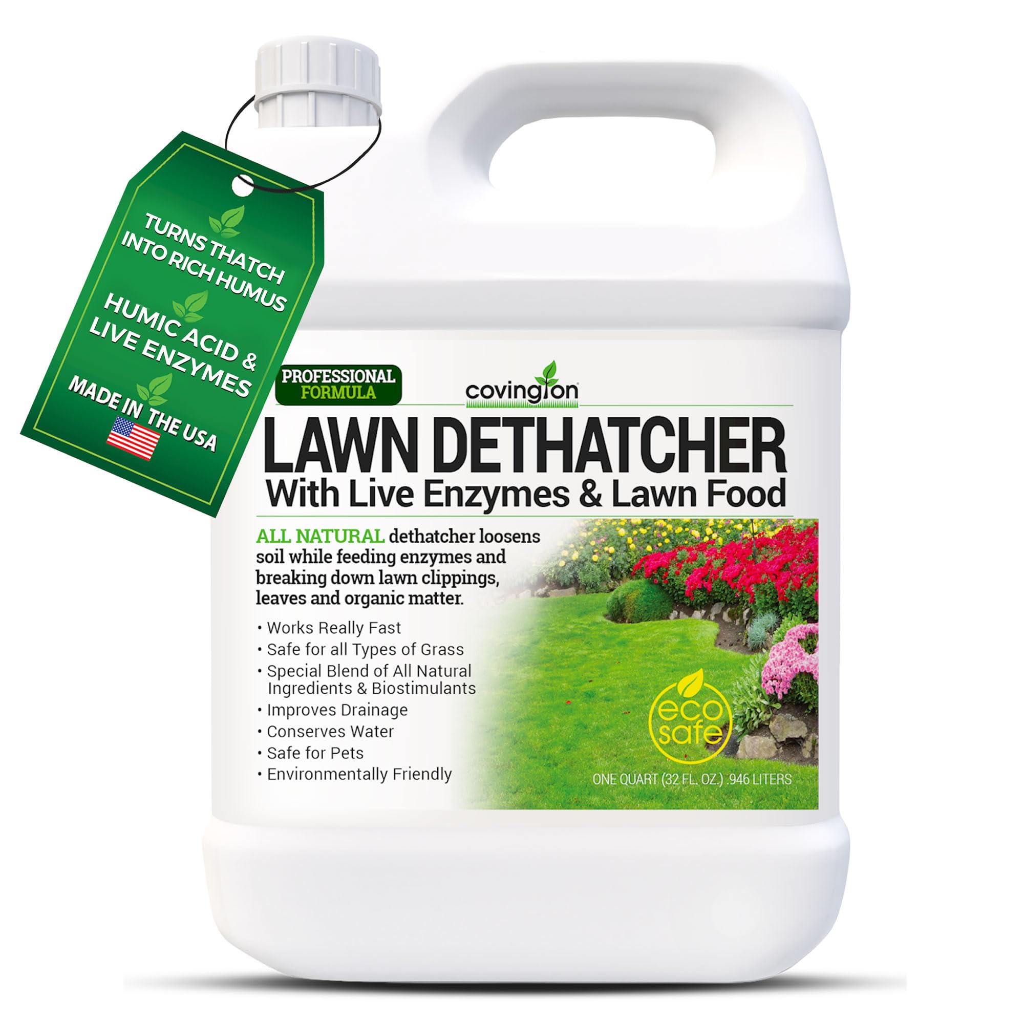 Covington Naturals Liquid Lawn Dethatcher bottle ready for yard dethatching and aeration.
