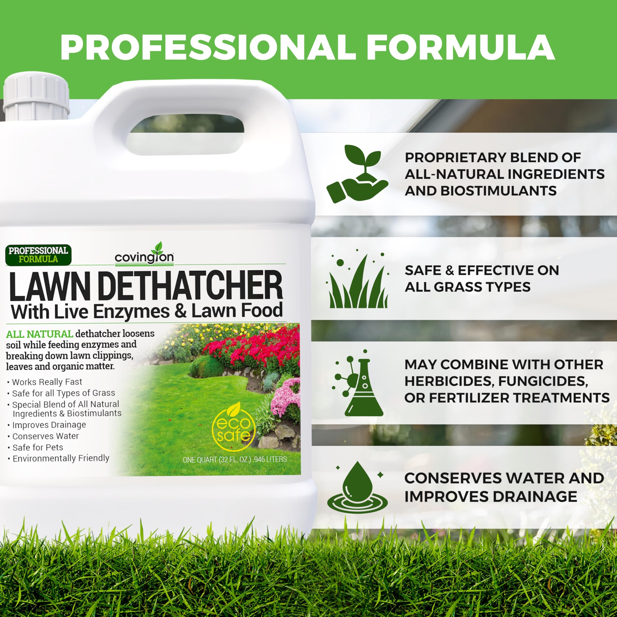 Covington Naturals pet-safe formula shown in a yard setting.