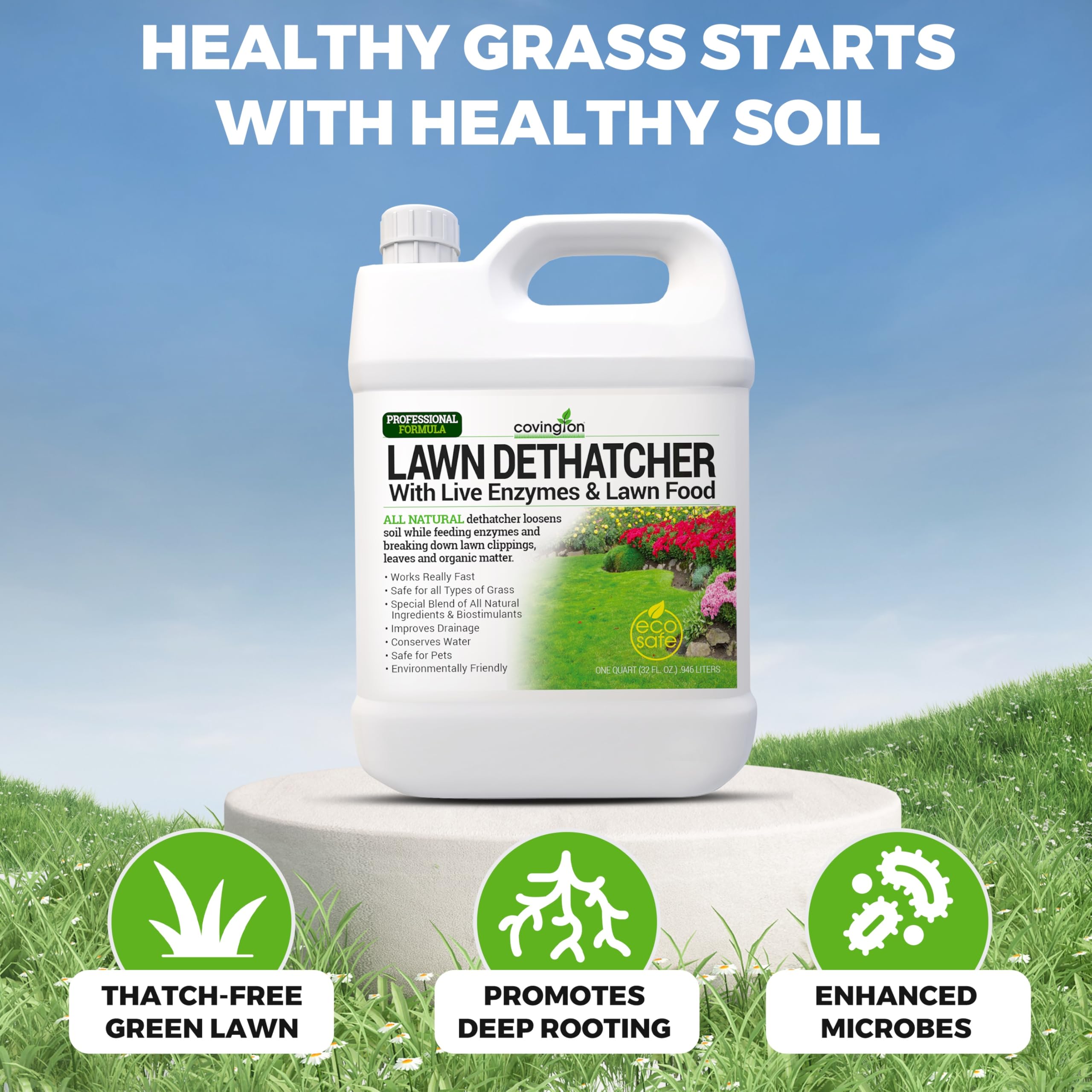 Covington Naturals spray nozzle demonstrates even application for lawn dethatching.