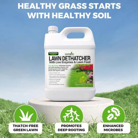 Covington Naturals spray nozzle demonstrates even application for lawn dethatching.